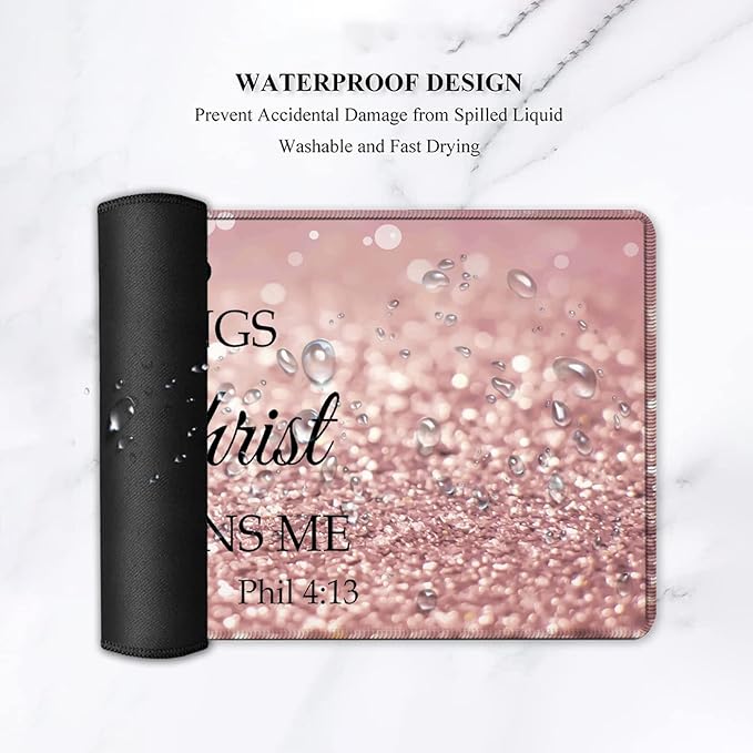 Pink Gaming Mouse PadLarge Mouse Pad with Stitched EdgeNon-Slip Base Office Desk Pad Ergonomic Keyboard Wrist Rest SetWaterproof Writing Pad Philippians 4：13 Bible Verse Extended XXL Desk Mat