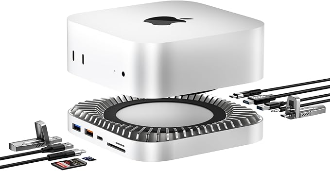 Mac mini M4 Dock Aluminum Mac mini Stand and HDMI Hub for Mac mini M4 and M4 Pro 2024 with M.2 NVMe/SATA SSD Enclosure 4K60Hz HDMI10G USB A/C 5G USB A*2 USB-C Charge SD/TF Audio