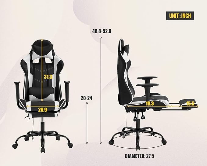 Computer Gaming Chair PC Ergonomic Office Chair Home Executive Desk Chair Adjustable High-Back PU Leather Racing Rolling Swivel Task Lumbar Support Footrest Headrest Armrest Massager