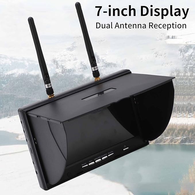 5.8Ghz FPV Receiver Monitor 7 Inch Dual Diversity Receiver with 40 Channels Auto-Scan 800x480 Resolution 600cd/m² Brightness LCD Screen for FPV Drone Racing and Outdoor Monitoring
