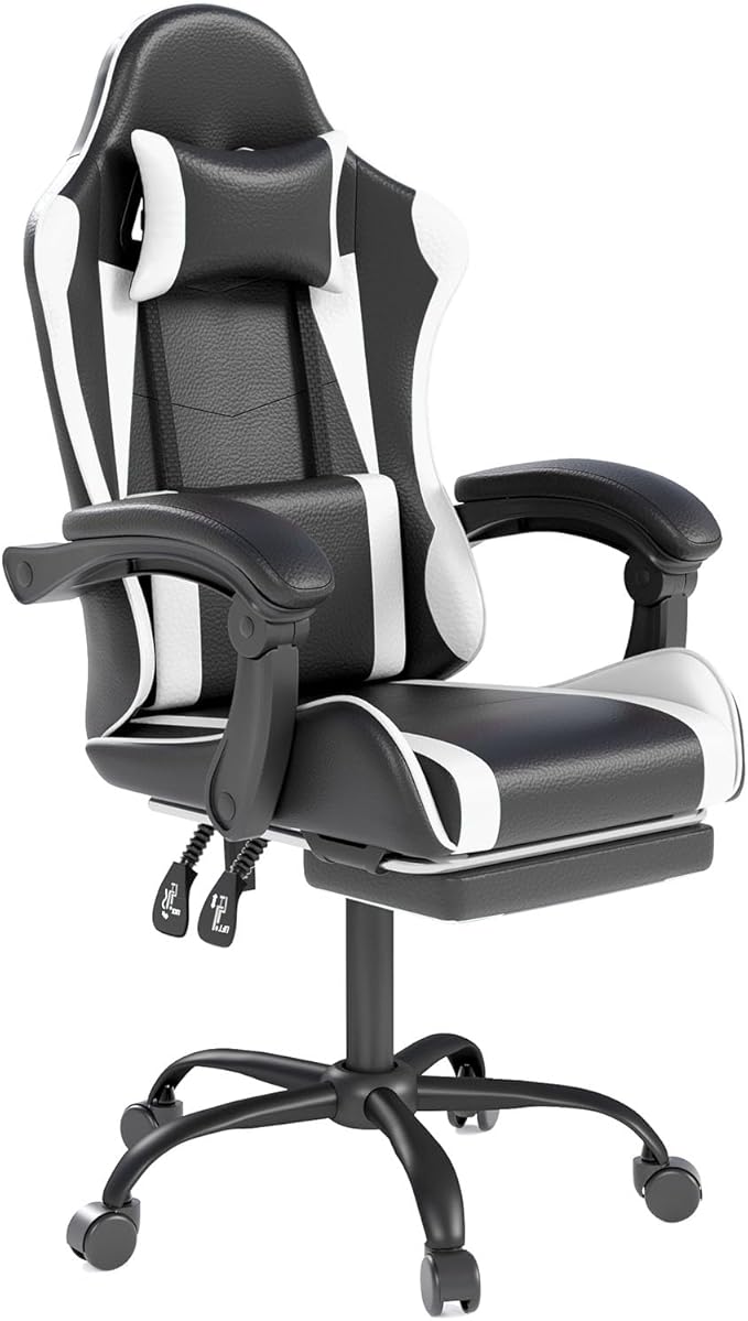 Gaming Chair with Headrest and Lumbar Support Ergonomic High Back Office Chair Racing Style Executive Computer Desk Chair Leather Adjustable Swivel Task Chair for Home Office (White)