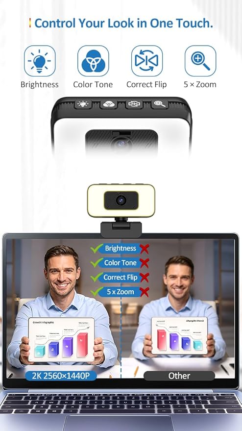 2K Webcam for Laptop Computer Camera with Light for PC/Desktop/Mac [Light Your Face Free Your Space] USB Webcam with Auto Anti-Disturb Backlight Zoom &amp Flip Privacy Cover Microphone