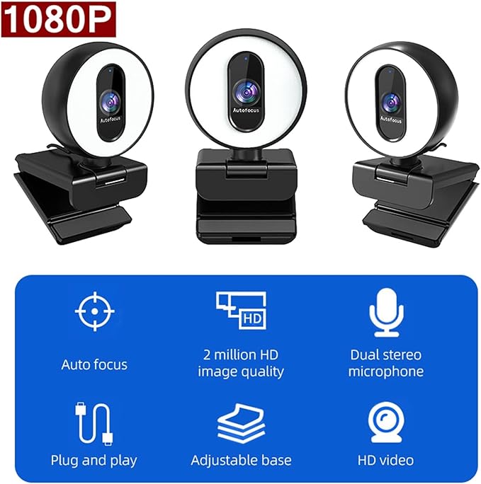 Web Camera Webcam 1080P 60FPS Autofocus PC Camera with Microphone Ring Light Web Camera Cover Computer Laptop Web cam OBS Streaming Video for Gaming Video Calling Recording (Color : 1080P 60FPS)