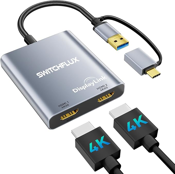 USB C to Dual HDMI Adapter |4k@60Hz| for Mac M1/M2/M3Displaylink(DL6950) HDMI Spilitter Extended Display for Dual Monitors Compatible with Windows MacBook Pro/AirDriver Required