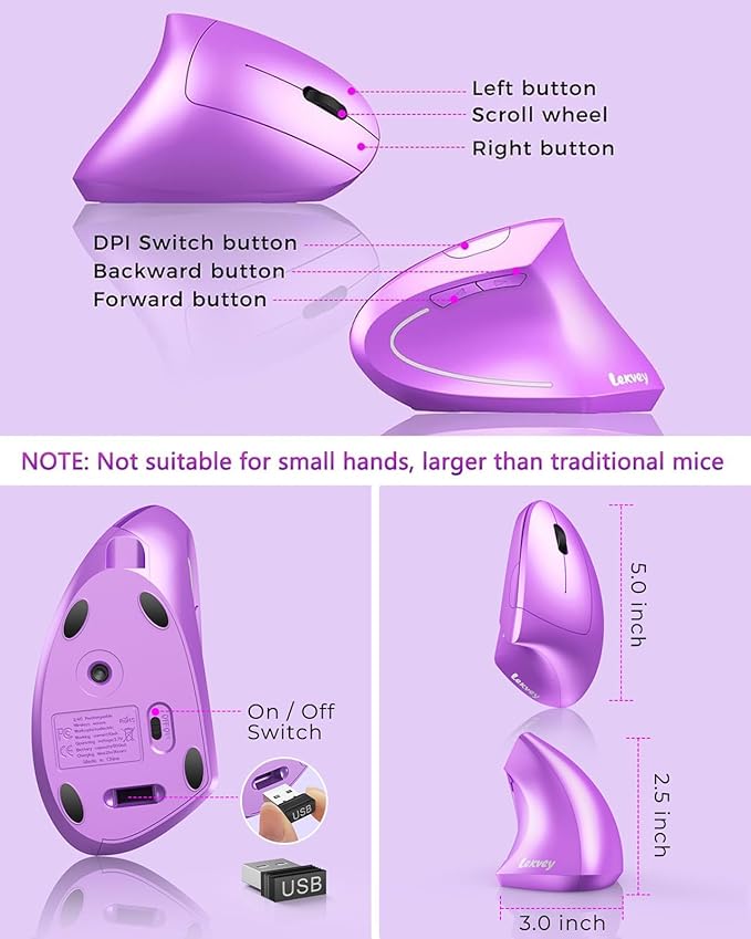 Lekvey Ergonomic Mouse Wireless Vertical Mouse Rechargeable 2.4 GHz Optical Carpal Tunnel Mice : 800/1200 / 1600 DPI 6 Buttons for Laptop PC Mac Computer Desktop Notebook etc Purple