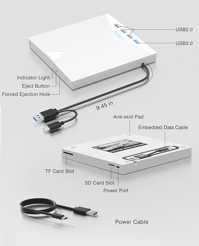 External CD/DVD Drive for Laptop PC8 IN 1 LED Portable DVD Drive CD Burner CD-ROM DVD-/+RW Writer Reader with TF/SD Card SlotsUSB 3.0 DVD Drive ExternalCompatible with MacWindows 11/10/8/7Linux
