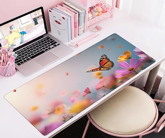 Large Mouse Pad Butterfly Desk Mat Pink Office Gaming Mouse Pad with Stitched Edges 24x16in Extended Mousepad with Non-Slip Waterproof Rubber Base for PC Laptop Desk Home Office Accessories a-1424
