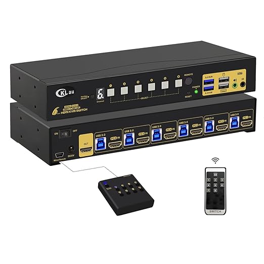 CKLau 6 Port Rack Mount KVM Switch HDMI 2.0 4K60Hz with Audio 2 pcs USB 3.0 Peripheral Hub and Cables for 6 Computers 1 Monitor Supports Hotkey IR Remote Wired Remote Manual Switching