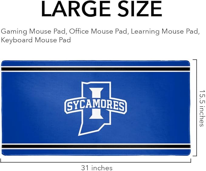Indiana State University Sycamores Primary Logo Stripes Large Gaming Mouse Pad Desk Mat with Stitched Edges Non-Slip Base for Gamer Home and Office 31.5 x 15.7