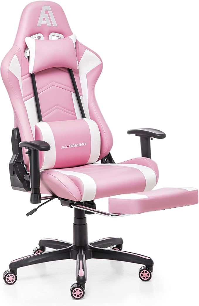 AA Products Gaming Chair Ergonomic High Back Computer Racing Chair Adjustable Office Chair with Footrest Lumbar Support Swivel Chair - WhitePink