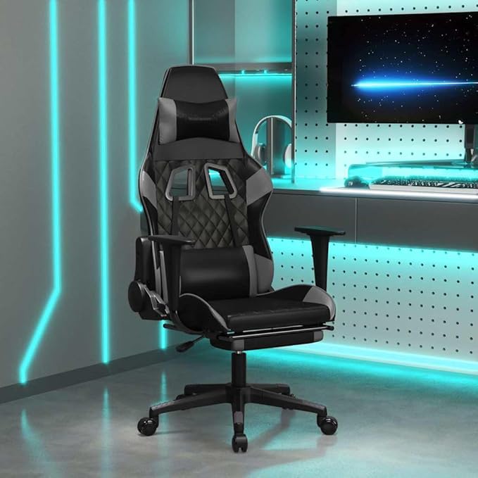 Black and Gray Gaming Chair with USB Massage and Reclining Backrest Ergonomic Office Chair with Adjustable Armrests and Memory Foam Cushion for Long Sessions Supports 265