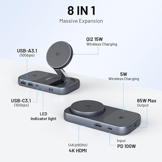 Selore USB C Hub with Wireless Charging for MacBook: 4K@60Hz HDMI 100W PD 15W Qi2 + 5W Wireless 10Gbps Ports iPhone Mirroring Docking Station &amp Magsafe Stand Space-Saving Desk Organizer