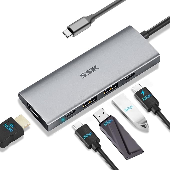 SSK 100W USB-C HUB USB3.2 Gen 2 10Gbps 5 in 1 Type C Multiport Adapter with 4K HDMI 2 USB C with 1 PD Powered 2 USB A 3.2 Gen2 Ports SuperSpeed USB Dock for Laptop MacBook Pro Air Dell Hp Lenovo