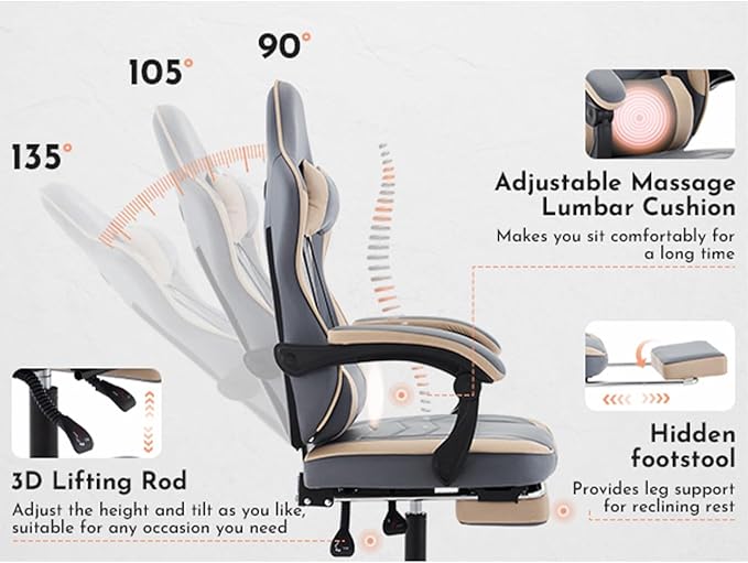 Office Gaming Chairs for Adults Comfortable Computer Gaming Chair with Footrest &amp Headrest and Lumbar Support PU Leather High Back Video Game Chairs (Beige+Blue)