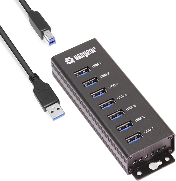 USBGear 7-Port USB Hub 3.2 Gen 1 – Mountable SuperSpeed Data Hub with USB Ports for Laptop PC Desktop and More 5V/4A Power Adapter with Type-A to Type-B Cable (3ft) Computer Accessories