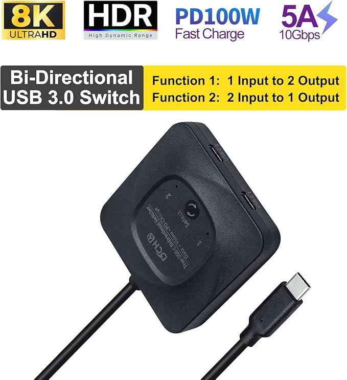 USB C Switch for 2 Computers Bi-Directional Type C USB 3.0 Switcher ab Selector 8K@60Hz 4K 10Gbps Video Data Transfer Power Delivery PD 100W Share Monitor Keyboard Mouse Printer