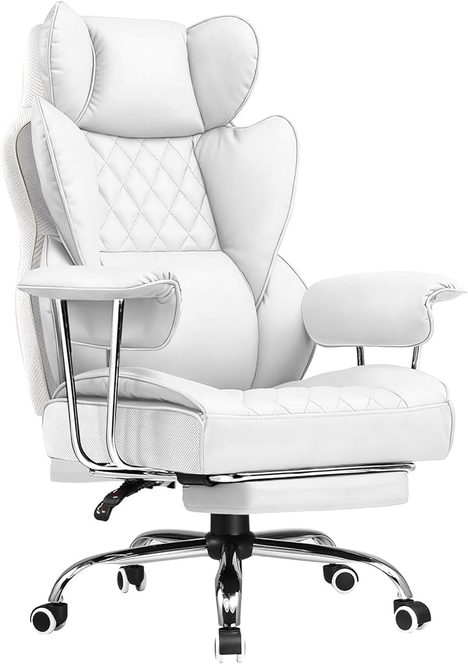 COMHOMA Big and Tall Gaming Chair with Pocket Spring Lumbar Support Ergonomic Office Chair with Footrest Executive Desk Chair with Outward Fixed Soft Armrests Computer Chair with High Back White