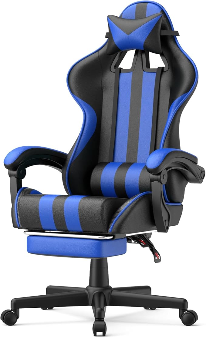 Huracan Gaming Chair with Footrest Adjustable Video Game Computer Chairs for Adults Reclining Backrest Office Desk Chair with Headrest and Lumba Pillow Blue
