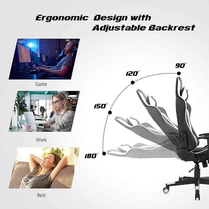 POWERSTONE Gaming Chair Gaming Recliner with Adjustable Armrest Massage Lumbar Pillow Wide Cushion Ergonomic Office Computer Chair for Adults White