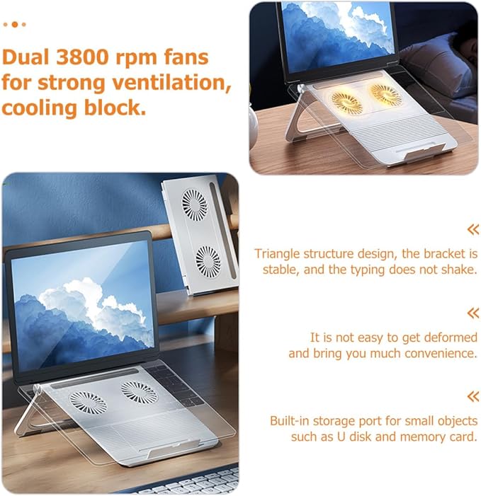 Veemoon Adjustable White Laptop Stand with Dual Cooling Fans Foldable Notebook Holder for Home and Office Use Ergonomic Computer Cooling Rack Compatible with Laptops