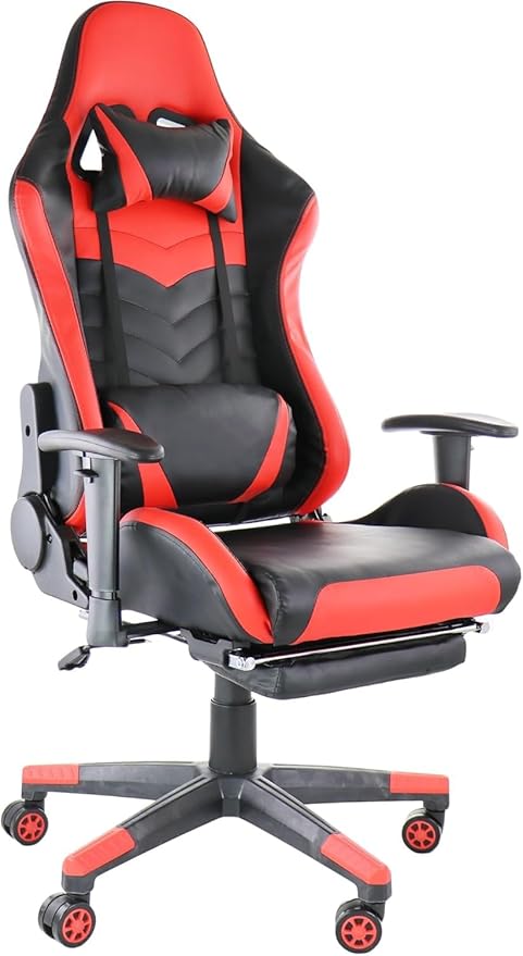 Ergonomic Gaming Chair with Footrest Adjustable Reclining Gamer Chair with Lumbar and Head Pillow Support Swivel Office Gaming Chair with Pleather Upholstery High-Back Chair (Red)