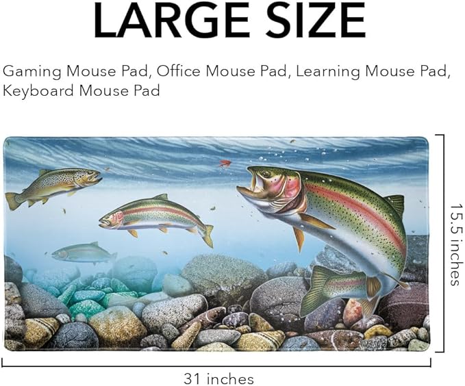 Trout Fishing Large Gaming Mouse Pad Desk Mat with Stitched Edges Non-Slip Base for Gamer Home and Office 31.5 x 15.7
