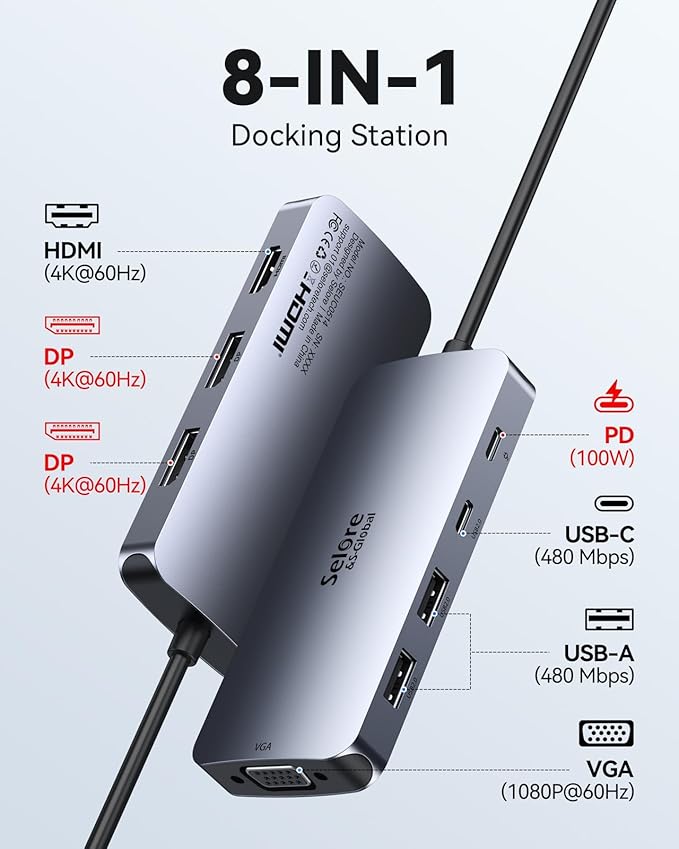 USB C Docking Station Dual DisplayPort Monitor USB C Hub DisplayPort with 2 DP HDMI VGA 100W PD Charging USB-A/C 2.0 Ports - Multi Monitor Adapter for Dell HP Lenovo and More