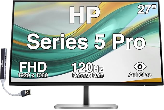 HP Series 5 Pro 27 FHD IPS Monitor with 5ms Response Time Anti Glare Flicker Free Tilt Swivel Pivot 350 Nits VESA Mount (100mm) Displayport HDMI &amp Dockztorm USB Port Expander Black Colo