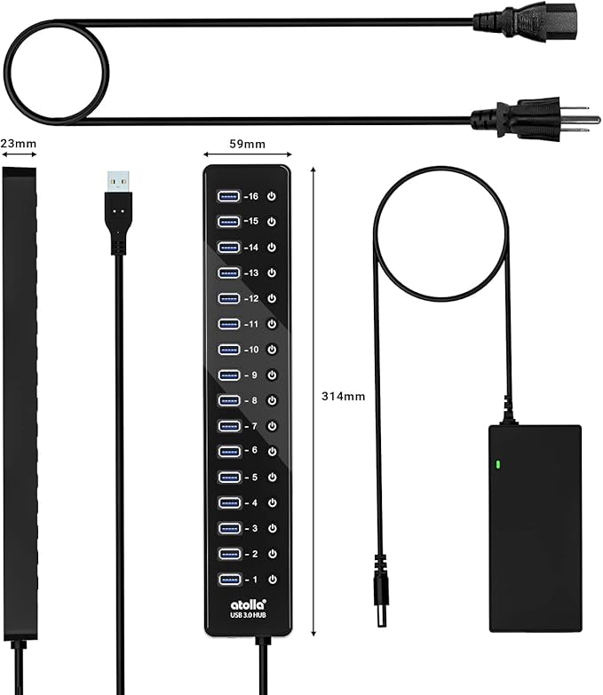 Power USB Hub 3.0 atolla 16 Port USB Splitter with 12V/6A Power Adapter and Individual Switches High-Speed Data Transfer for Laptop PC Mac and More Devices