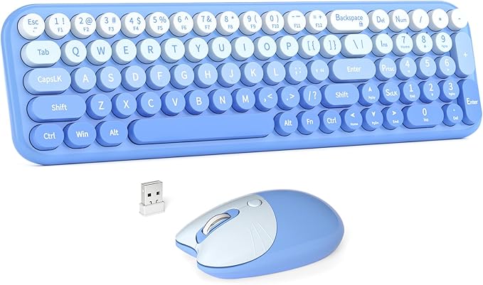 Wireless Keyboard and Mouse Combo MOWUX Compact Typewriter Retro Round Computer Keyboard Cute Optical Mouse Wireless Plug and Play for Laptop PC Computer- Blue Gradient