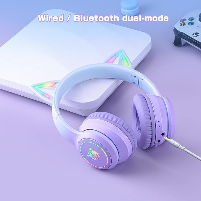 Bluetooth Cat Ear Headphones for Kids &amp Adults Wireless &amp Wired Mode Foldable Headset with Mic - Clear Sound Quality - RGB LED Light for Girls School Gaming for Phone/Laptop/PC/Tablet Purp