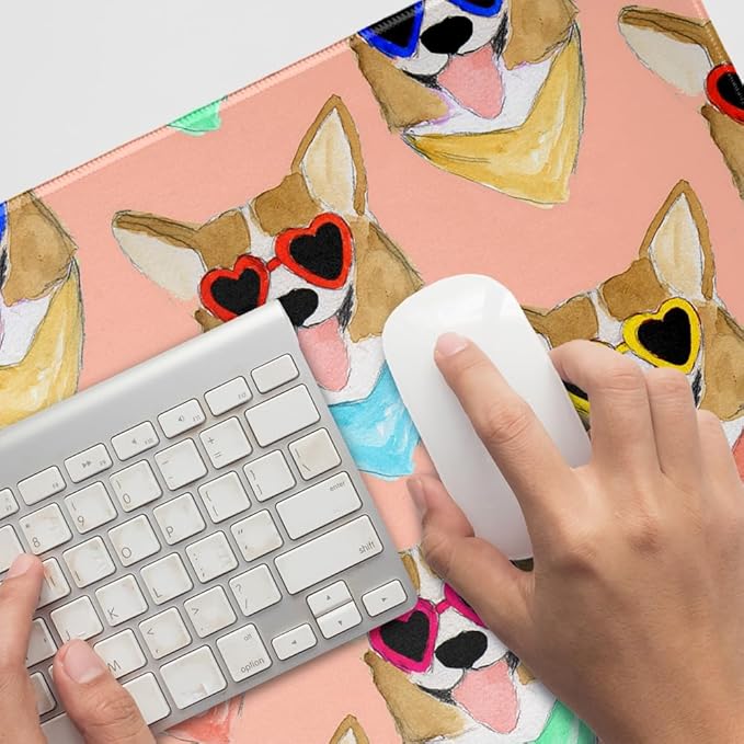 Corgi Dog Puppy Love Glasses Pattern Large Gaming Mouse Pad Desk Mat with Stitched Edges Non-Slip Base