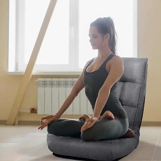 MAT EXPERT Folding Floor Chair Floor Gaming Chair w/ 4-Position Backrest 5-Position Adjustable Headrest Side Pocket Indoor Floor Chair w/Back Support for Bedroom Living Room (Grey)
