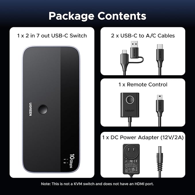 UGREEN 2-in 7-Out USB 3.2 Switch 10 Gbps Switcher for A or C Computers Sharing All Devices(4 A+3 C) Keyboard Mouse Switch with Type C Converter AdapterPower Adapter