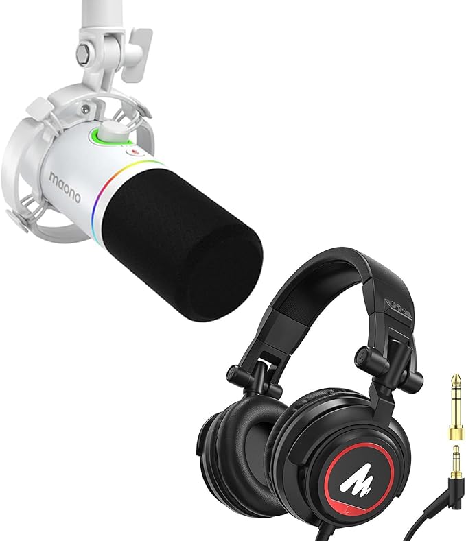 MAONO White Gaming Podcast Microphone Kit PD200X with MH501 Studio Headphones for Gamer YoutuberPodcaster