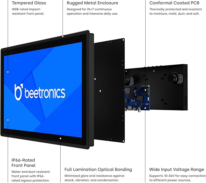 Beetronics 10 Inch High Brightness Touchscreen Monitor | Full HD 1080p | IP66 Waterproof &amp Dustproof | Industrial Sunlight Readable Outdoor Display for PC Mac Linux | 10HB9M/U1