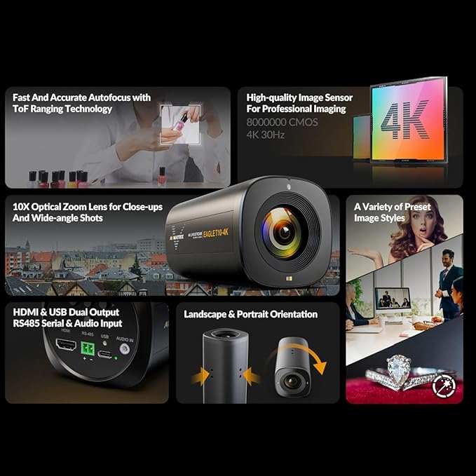 AVMATRIX EagleT10-4K Autofocus 4K 10x Zoom Livestream PTZ Camera Webcam with Dual 4K HDMI &amp USB Outputs/RS485 Serial &amp Audio Input 1/2.8 Sensor for Desktop Computer Laptop Meeting Video Calls