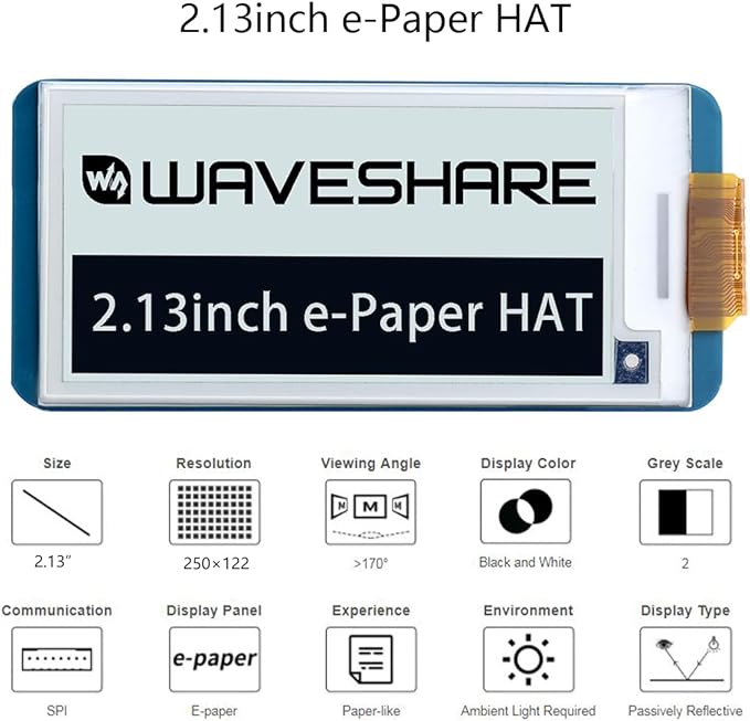 waveshare 2.13inch E-Paper Display HAT for Raspberry Pi 4B/3B+/3B/2B/Zero/Zero W/Zero WH and Jetson Nano250x122 Pixel BlackWhite Two-Color E-Ink Display SPI Interface Support Partial Refresh