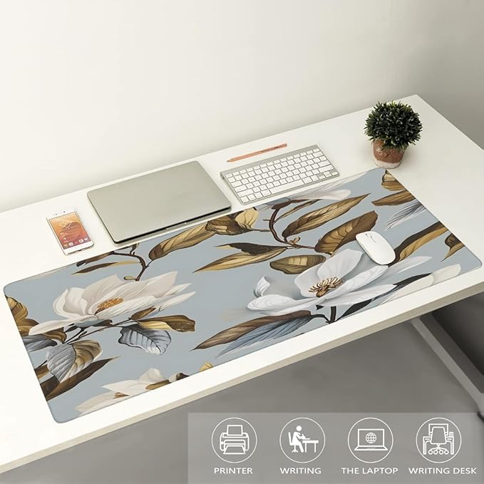 White Flower Brown Leaf Large Mouse Pad Gaming Mousepad Desk Mat for Desktop Computer Keyboard Waterproof Mouse Mat Desk Pad with Non-Slip Base for Game School Office Home 35.4 x 15.7