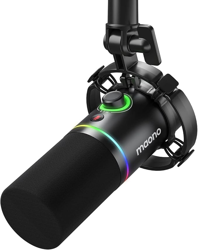 MAONO XLR/USB Dynamic Microphone RGB Gaming Mic with Software Mute Gain Knob Volume Control and Headphone Jack for Streaming Podcasting Recording-PD200X (Black)