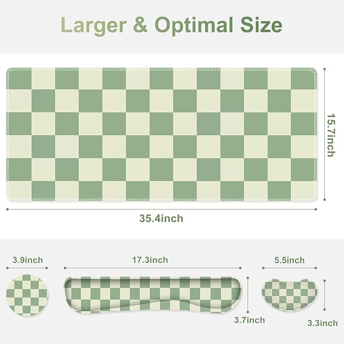 Large Gaming Mouse Pad Set 4 in1 Ergonomics Keyboard Desk Mat with Memory Foam Wrist Rest Extended Game Mousepad Non-Slip Desk Pad Matt Easy Typing Pain Relief I Green Checkered