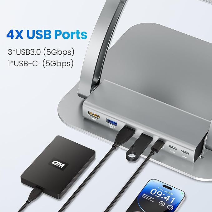 tounee Laptop Stand with Detachable USB-C Hub 100W PD Charging 4K@60Hz HDMI 3 USB Ports Ergonomic Laptop Holder Docking Station for 10-17 Laptops MacBook &amp More - Silver