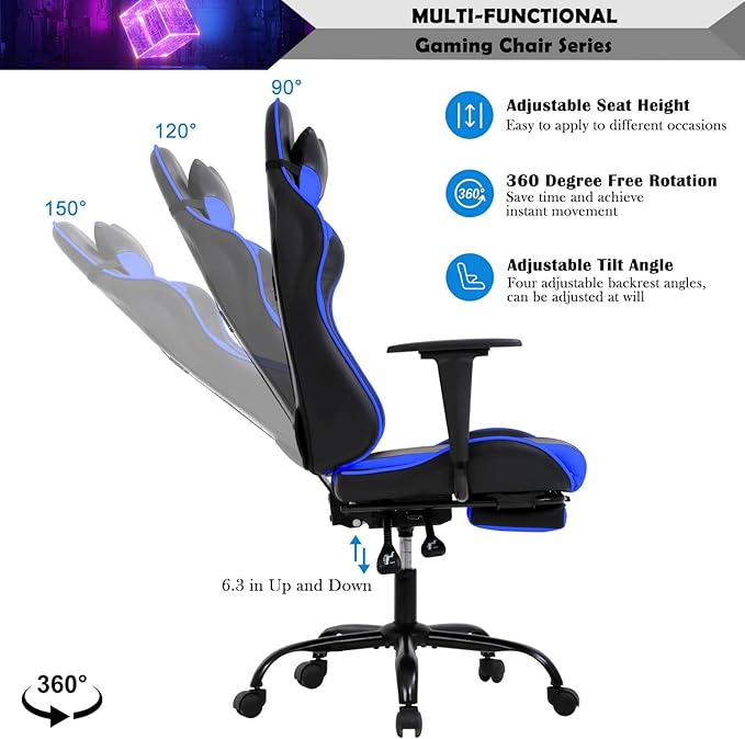 PC Computer Lumbar Support HeadrestHigh Back Racing Office Video Gaming Rolling Swivel Task Chair for Kids or AdultsBlue