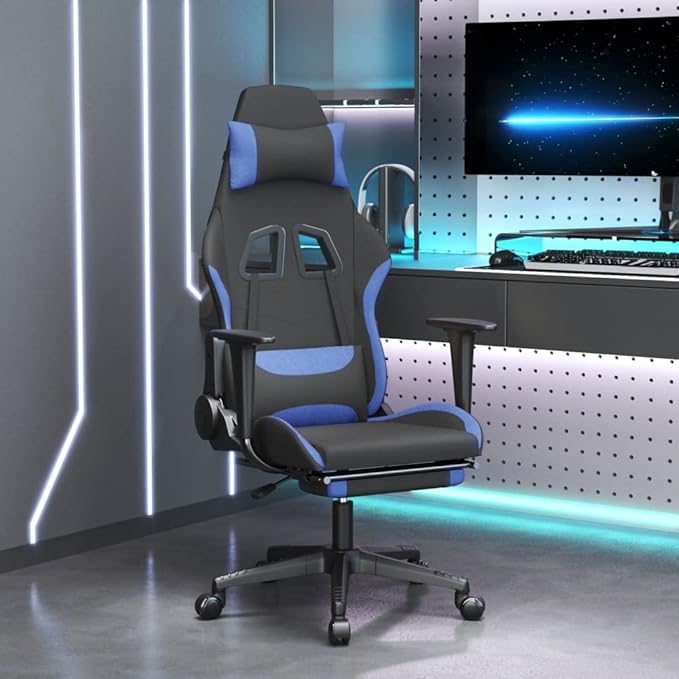 Massage Gaming Chair with Footrest and Lumbar Support Computer Chair Height Adjustable Game Chair with 360°-Swivel Seat and Headrest Black and Blue Fabric -AA