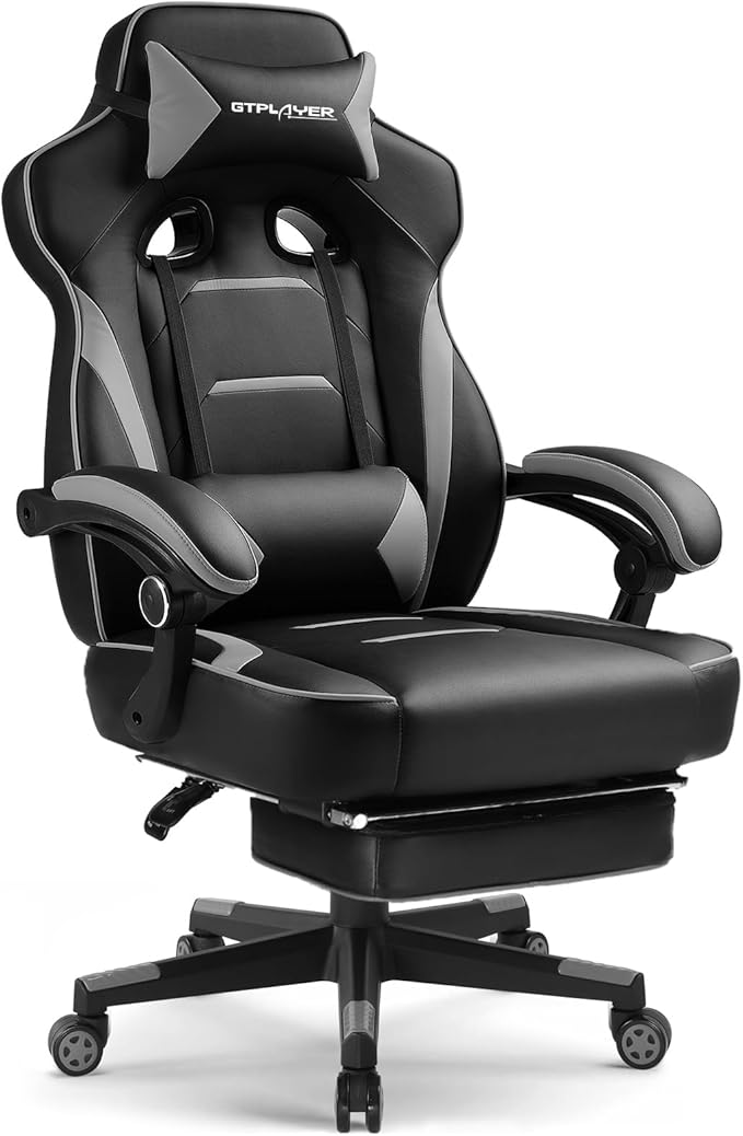 GTPLAYER Gaming Chair with Footrest Big and Tall Game Chair 350lb Racing Style Computer Chair Ergonomic Executive Office Chair High Back with Lumbar Support and Recliner Light Gray