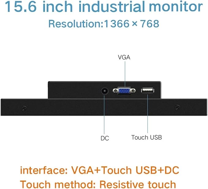 1pc 15.6 Inch Industrial Computer Display Monitor of Tablet Monitors with Resistive Touch Screen VGA HDMI DVI USB Interface(VGA Touch USB)