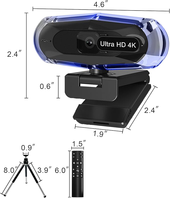 4K Webcam for PC 4K Webcam with Remote Control and RGB Light Autofocus Streaming Camera for PC/Mac Plug and Play Computer Camera for Zoom/Skype/YouTube/Meeting