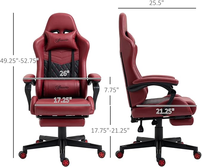 Gaming Chair Ergonomic PU Leather Office Chair High Back Swivel Recliner with Footrest Lumbar Support Adjustable Height 360° Rotation (Red)
