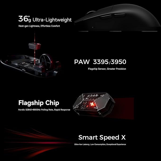 ATK VXE MAD R Gaming Mouse Ultra-Lightweight 36–42g PAW3395/3950 Sensor 42K DPI Dual-Mode 8K Polling Rate 2.4G Wireless &amp USB-C Wired Esports Mouse (MAD R+ Black)