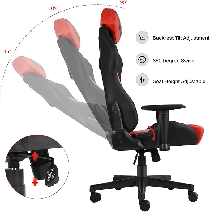 Modern-Depo Ergonomic Gaming Chairs for Adults with High-Density Memory Foam | Swivel Comfortable Office Chair Big and Tall Video Game Chair High Back Computer Chair for Home Office Red Black